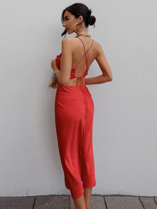 Satin Neck Sleeveless Sleeveless Halter Dress