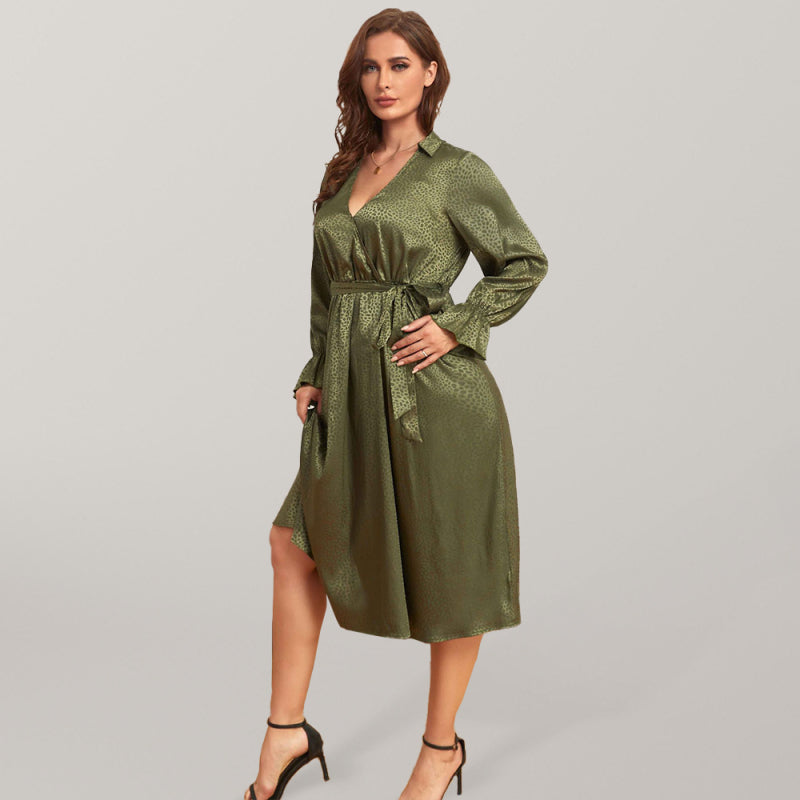 Satin Jacquard Elegant Olive Midi Dress