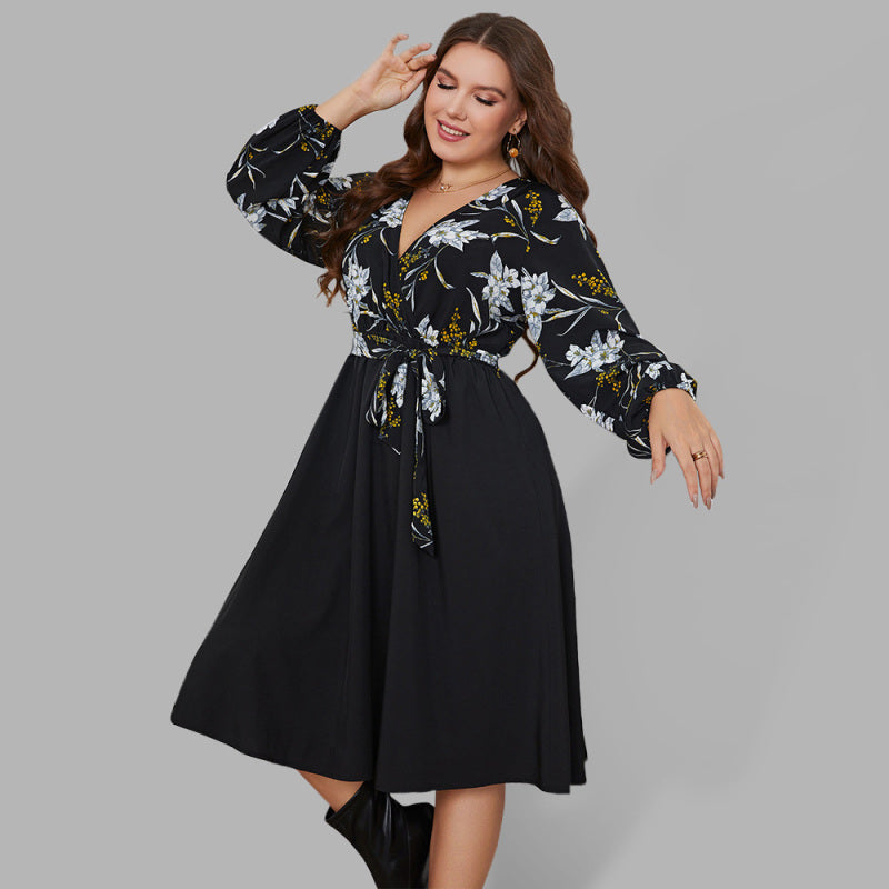 Plus Size Long Sleeve V Neck Floral Loose Dress