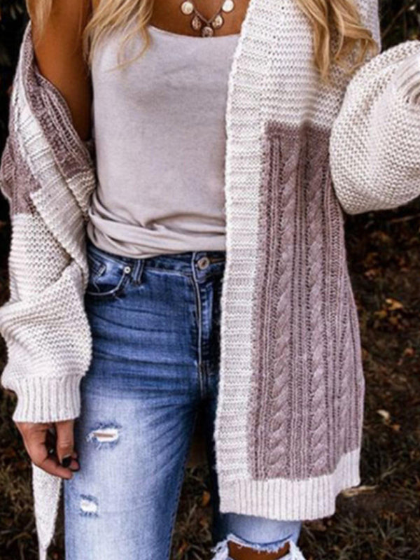 Women's Bicolor Cable Knit Open Front Cardigan