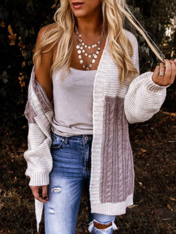 Women's Bicolor Cable Knit Open Front Cardigan
