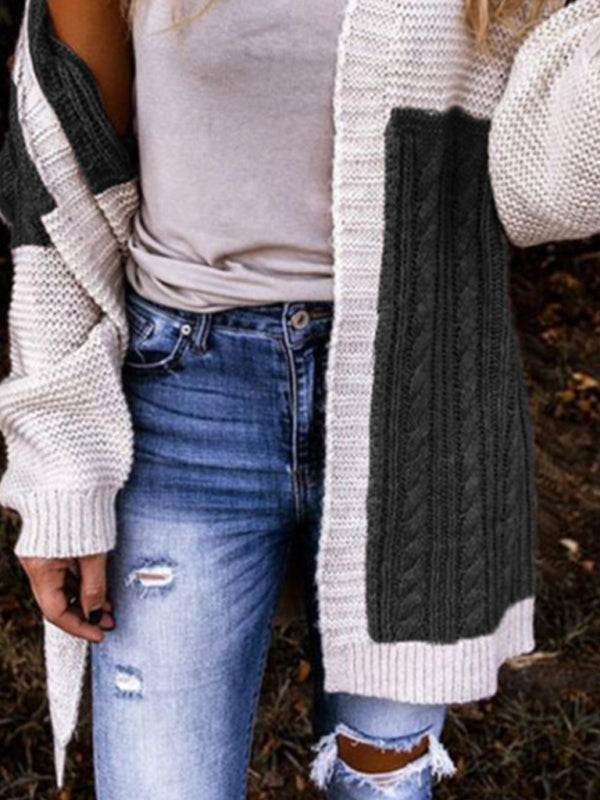 Women's Bicolor Cable Knit Open Front Cardigan