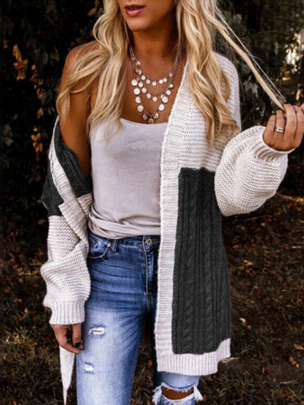 Women's Bicolor Cable Knit Open Front Cardigan
