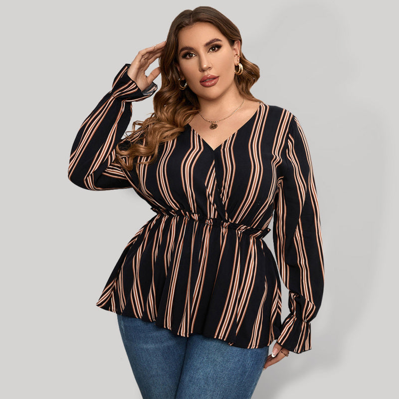Striped Long Sleeve Cinched Waist Blouse