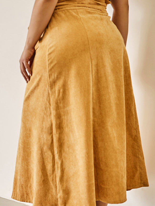 Corduroy High Waist A-Line Skirt with Belt