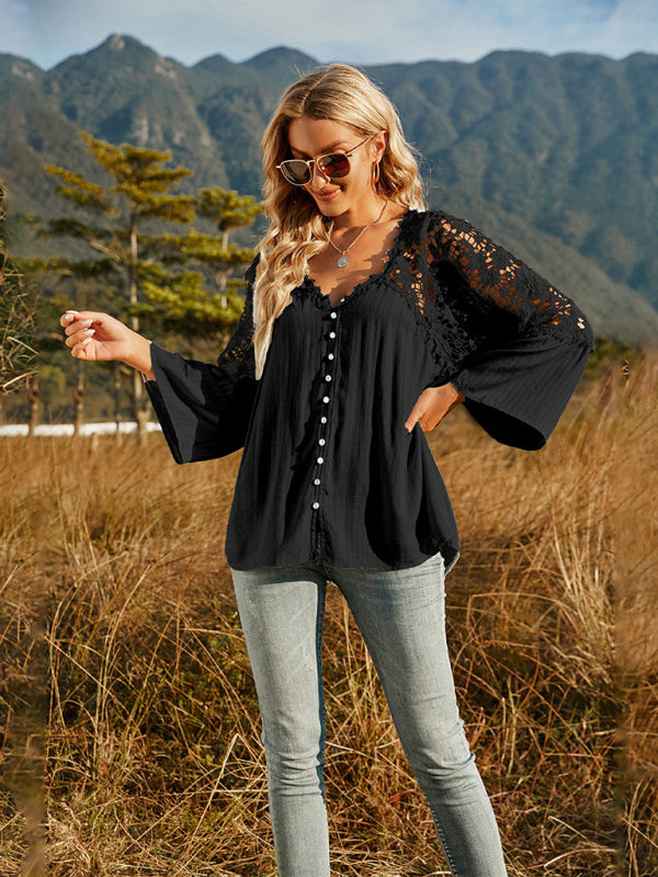 Women's woven lace long-sleeved solid color V-neck chiffon shirt