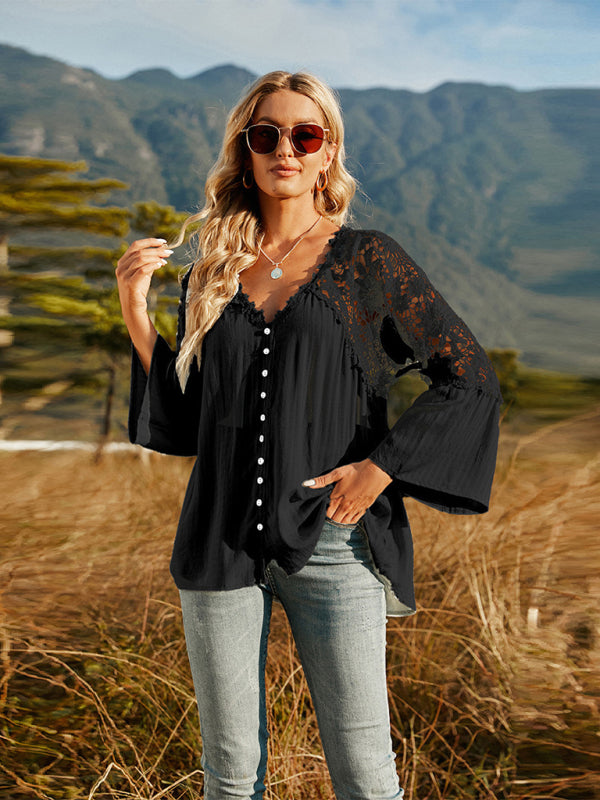 Women's woven lace long-sleeved solid color V-neck chiffon shirt