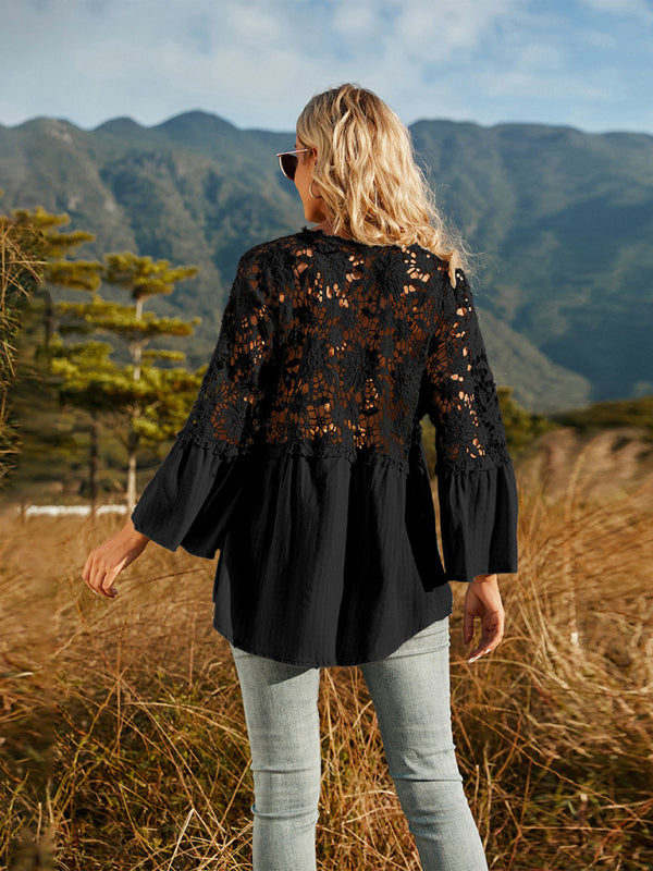 Women's woven lace long-sleeved solid color V-neck chiffon shirt