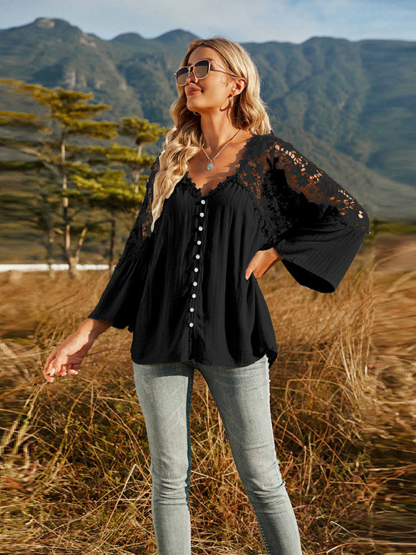 Women's woven lace long-sleeved solid color V-neck chiffon shirt