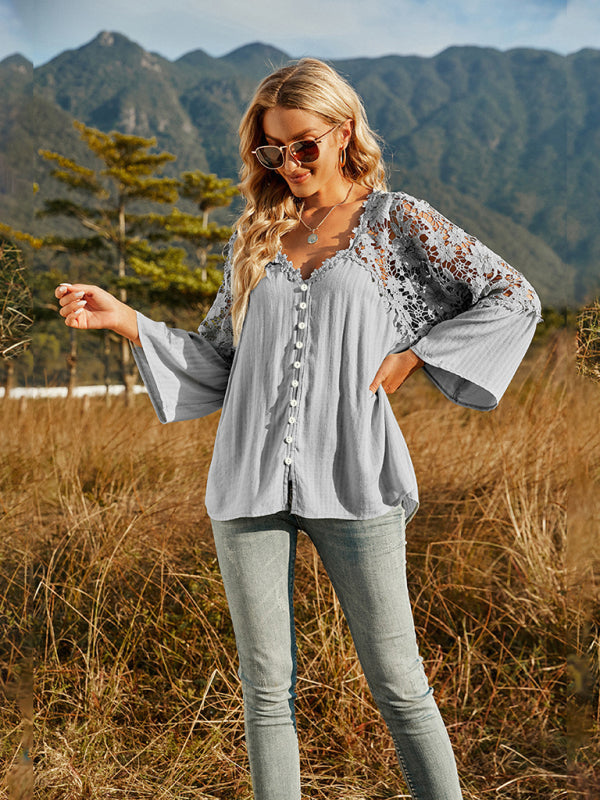 Women's woven lace long-sleeved solid color V-neck chiffon shirt