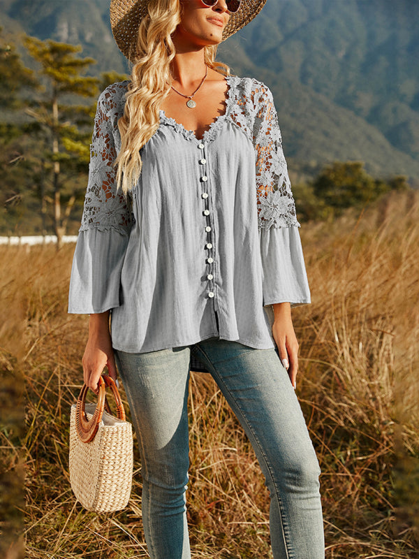 Women's woven lace long-sleeved solid color V-neck chiffon shirt