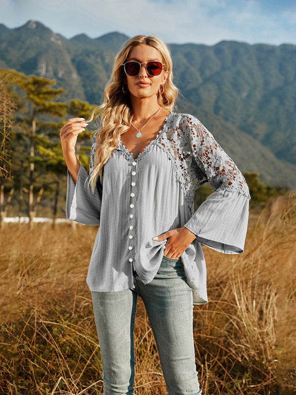Women's woven lace long-sleeved solid color V-neck chiffon shirt