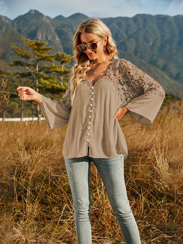 Women's woven lace long-sleeved solid color V-neck chiffon shirt