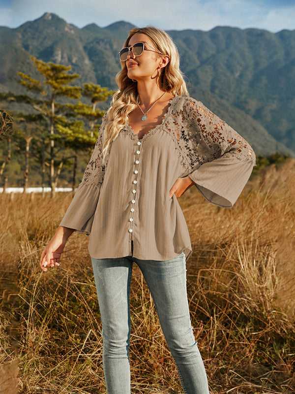 Women's woven lace long-sleeved solid color V-neck chiffon shirt