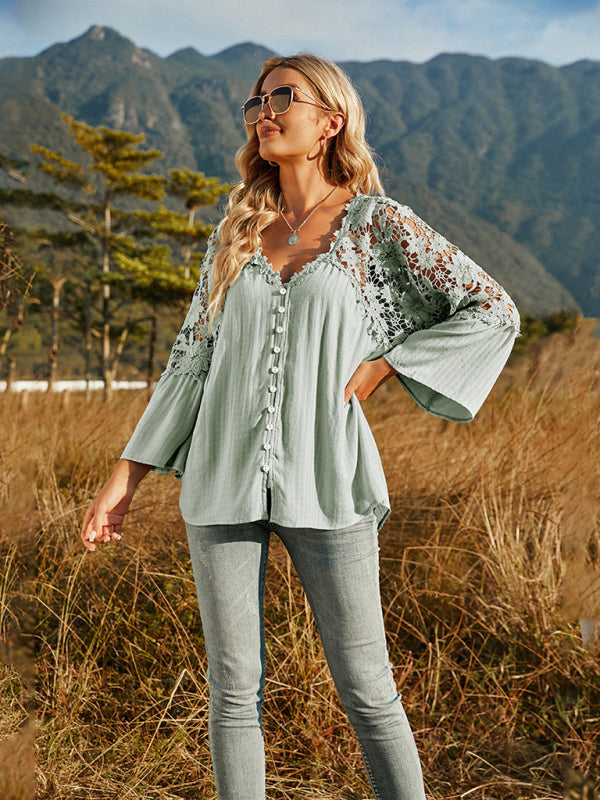 Women's woven lace long-sleeved solid color V-neck chiffon shirt