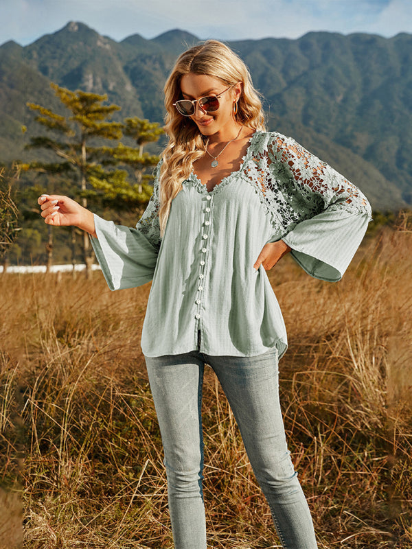 Women's woven lace long-sleeved solid color V-neck chiffon shirt
