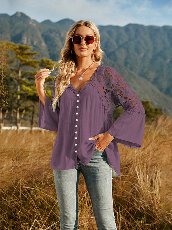 Women's woven lace long-sleeved solid color V-neck chiffon shirt