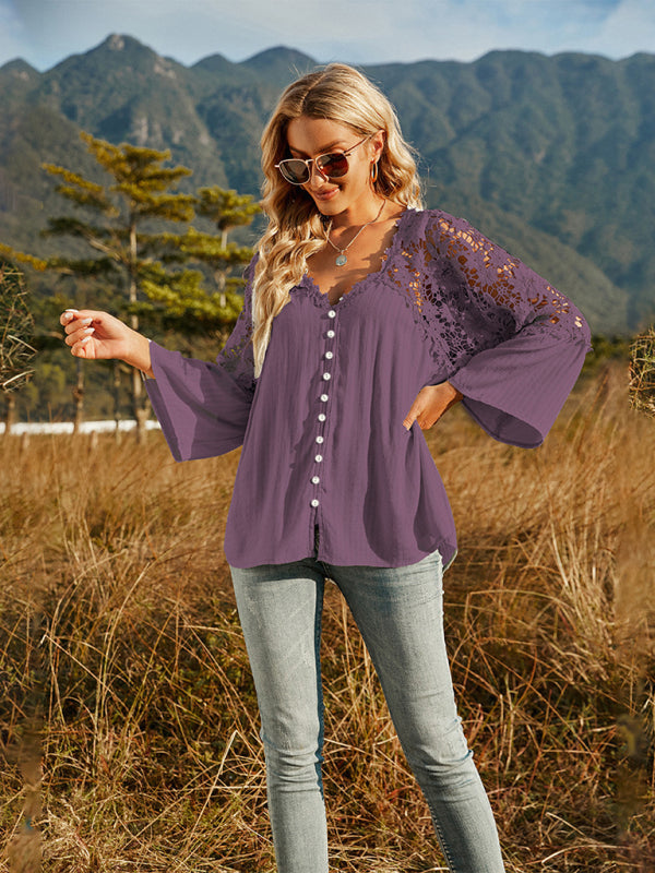 Women's woven lace long-sleeved solid color V-neck chiffon shirt