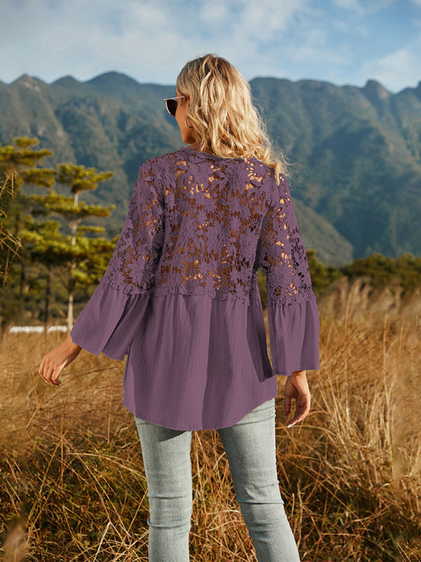 Women's woven lace long-sleeved solid color V-neck chiffon shirt