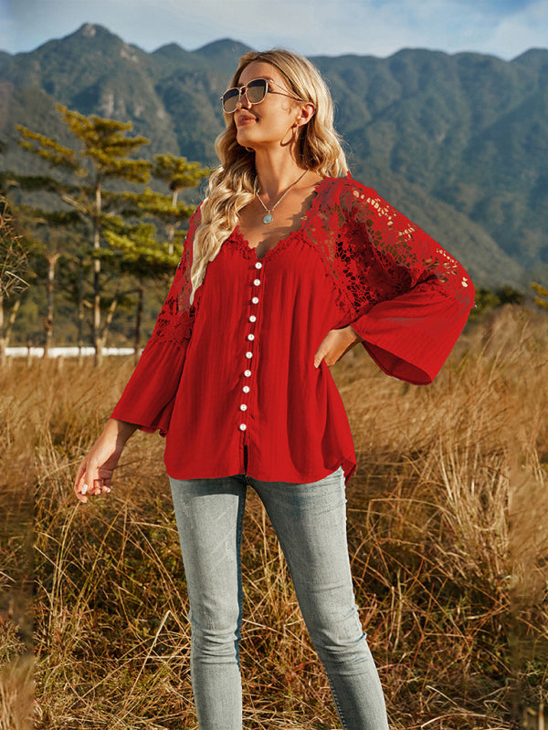 Women's woven lace long-sleeved solid color V-neck chiffon shirt