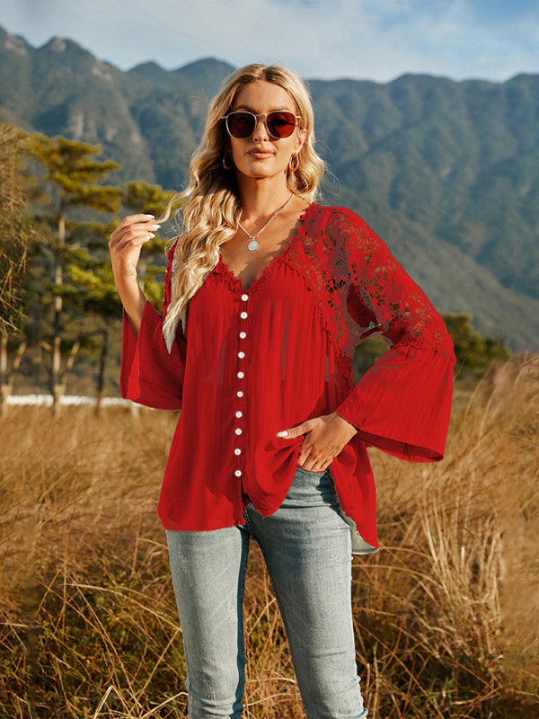 Women's woven lace long-sleeved solid color V-neck chiffon shirt