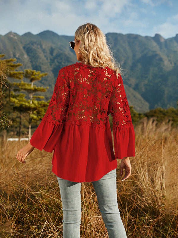 Women's woven lace long-sleeved solid color V-neck chiffon shirt