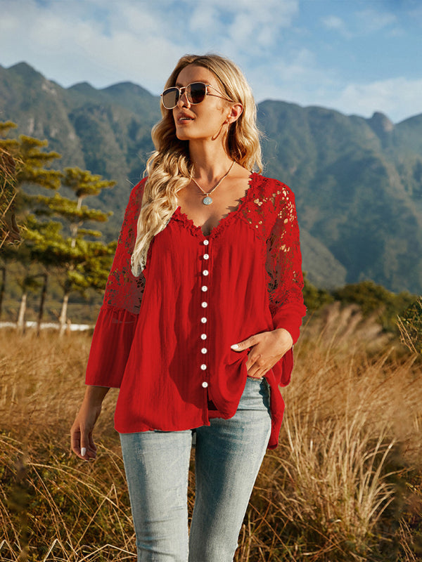 Women's woven lace long-sleeved solid color V-neck chiffon shirt