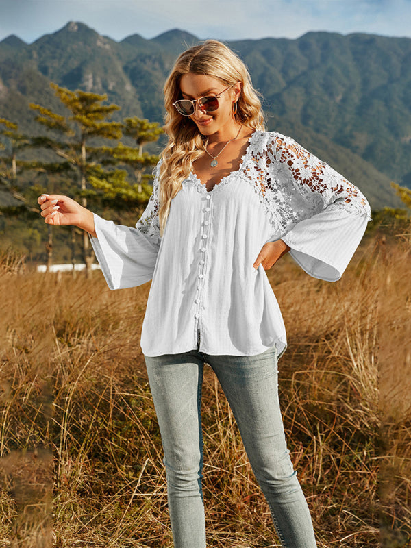 Women's woven lace long-sleeved solid color V-neck chiffon shirt