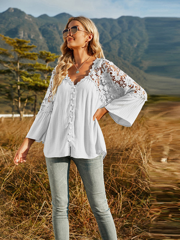 Women's woven lace long-sleeved solid color V-neck chiffon shirt