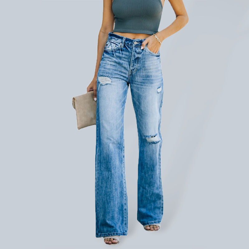 Women's Denim Wash Ripped Wide Leg Jeans