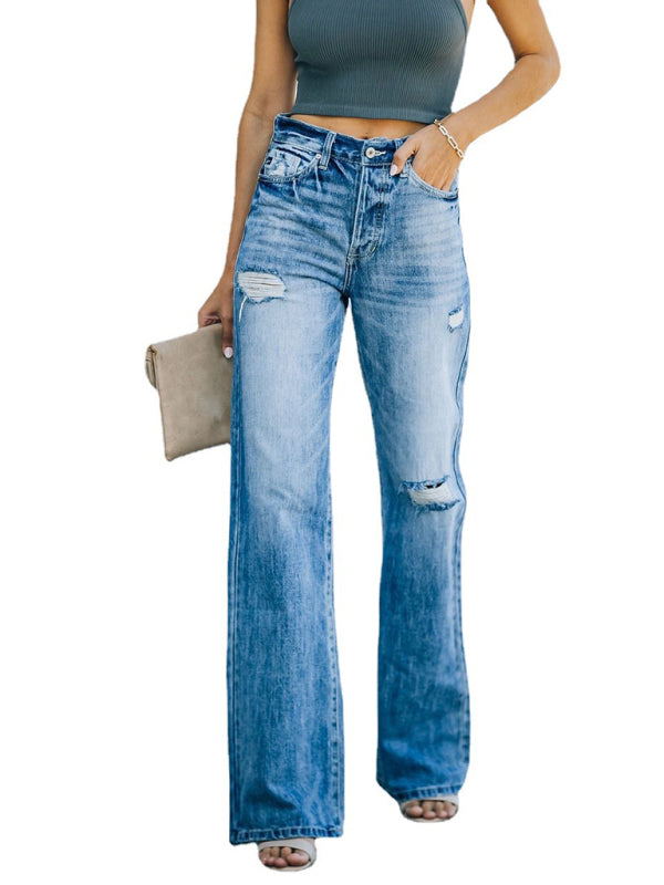 Women's Denim Wash Ripped Wide Leg Jeans
