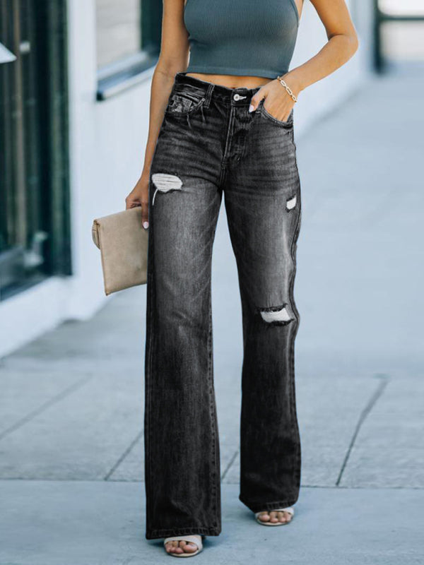 Women's Denim Wash Ripped Wide Leg Jeans