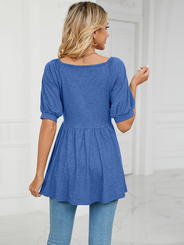 Women's spring and summer new v-neck bubble short-sleeved t-shirt tunic top women