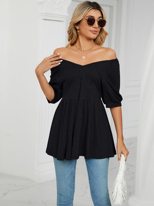 Women's spring and summer new v-neck bubble short-sleeved t-shirt tunic top women