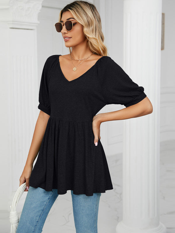 Women's spring and summer new v-neck bubble short-sleeved t-shirt tunic top women
