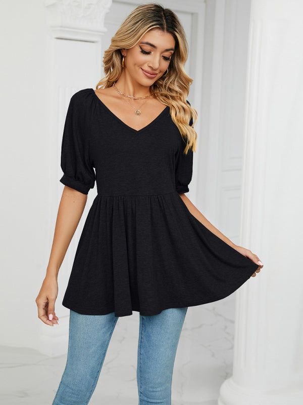 Women's spring and summer new v-neck bubble short-sleeved t-shirt tunic top women