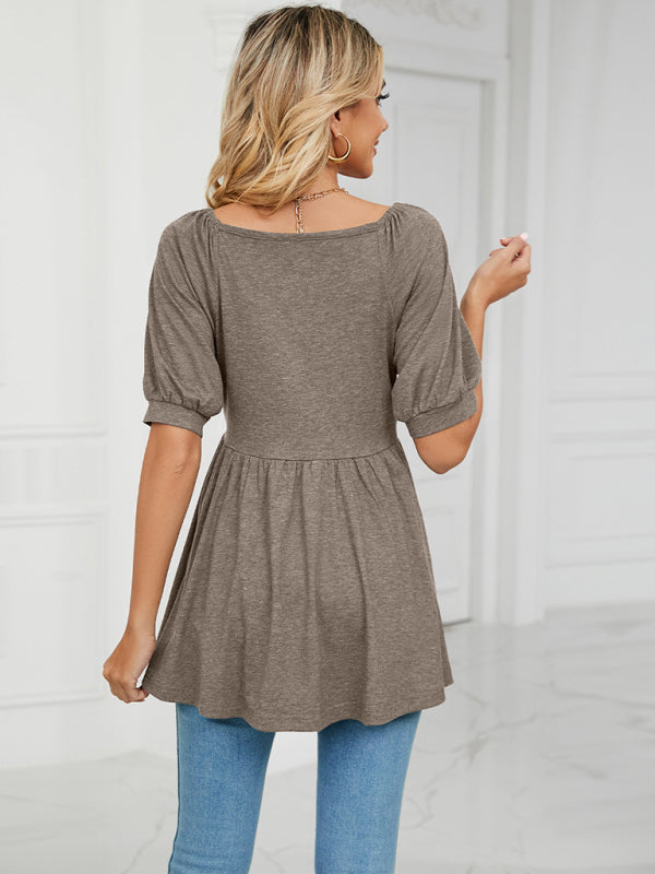 Women's spring and summer new v-neck bubble short-sleeved t-shirt tunic top women