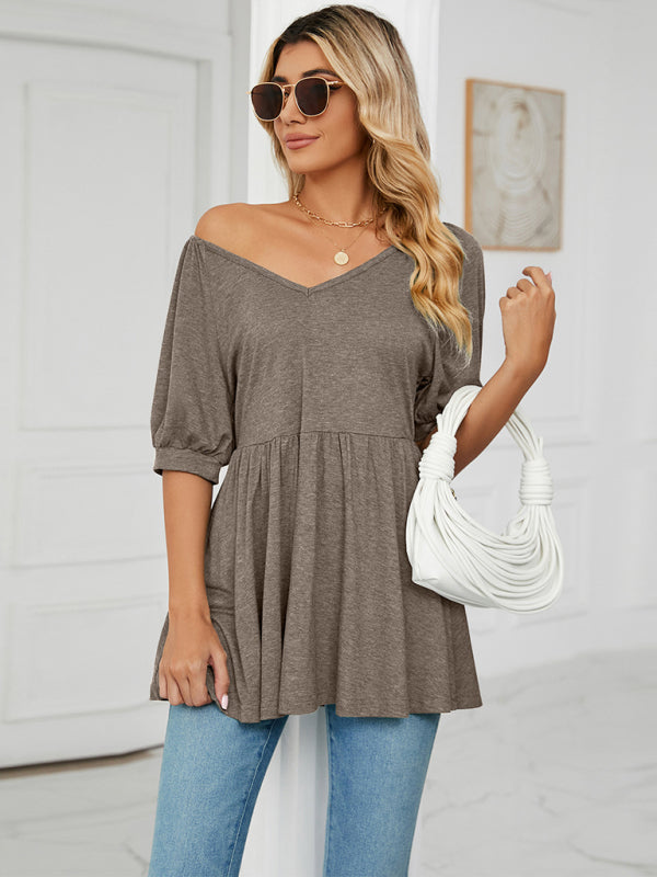 Women's spring and summer new v-neck bubble short-sleeved t-shirt tunic top women