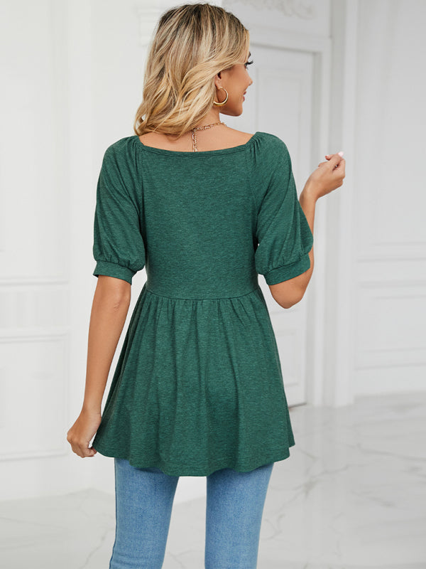 Women's spring and summer new v-neck bubble short-sleeved t-shirt tunic top women
