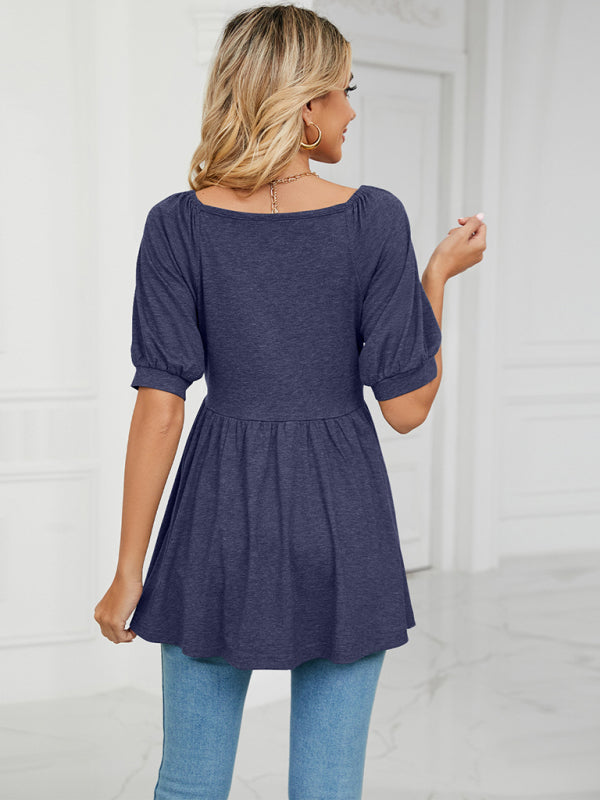 Women's spring and summer new v-neck bubble short-sleeved t-shirt tunic top women