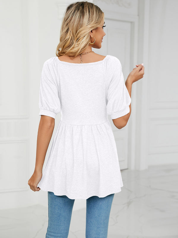 Women's spring and summer new v-neck bubble short-sleeved t-shirt tunic top women