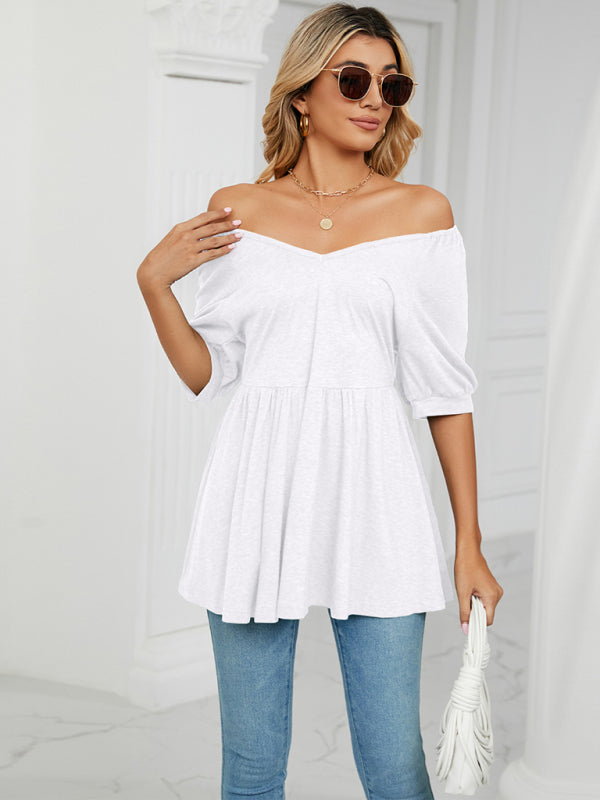 Women's spring and summer new v-neck bubble short-sleeved t-shirt tunic top women