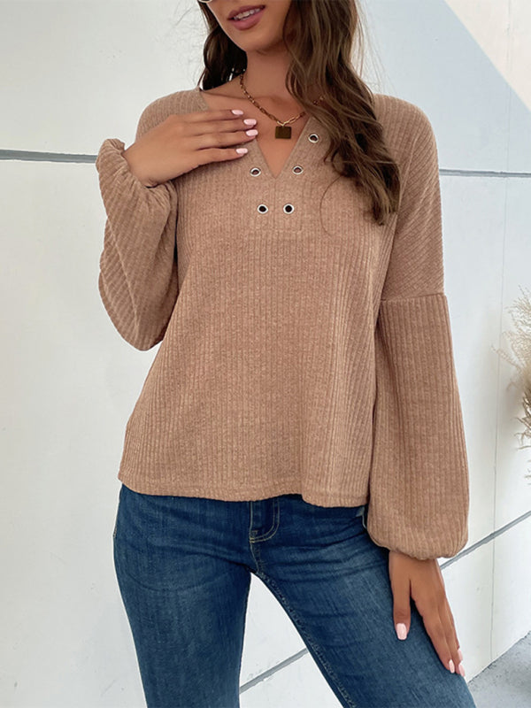Women's Knitted V-Neck Pit Lantern Sleeve Top