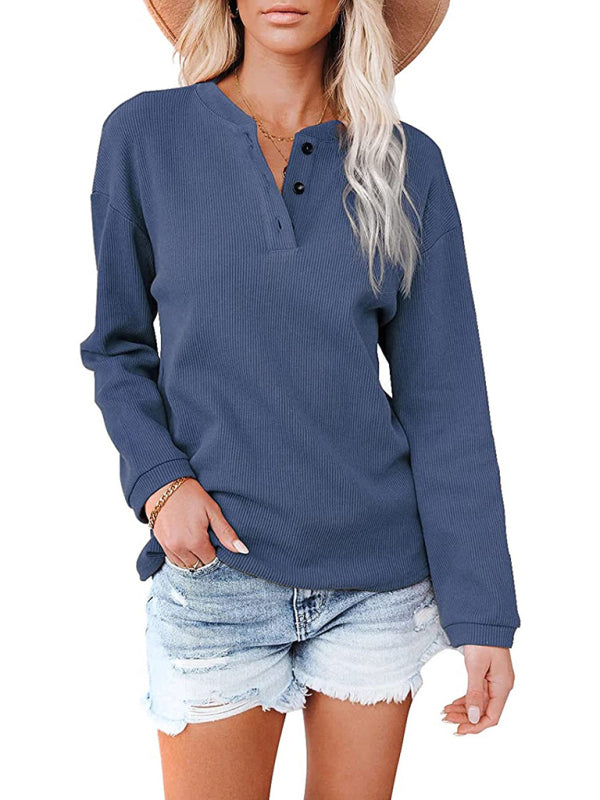 Women's Clothes Amazon Hot Style V-neck Solid Color Long-sleeved Top T-Shirt Women