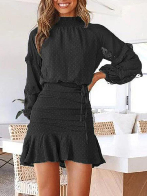 Women's chiffon jacquard polka dot shirred long-sleeved shirt skirt two-piece set