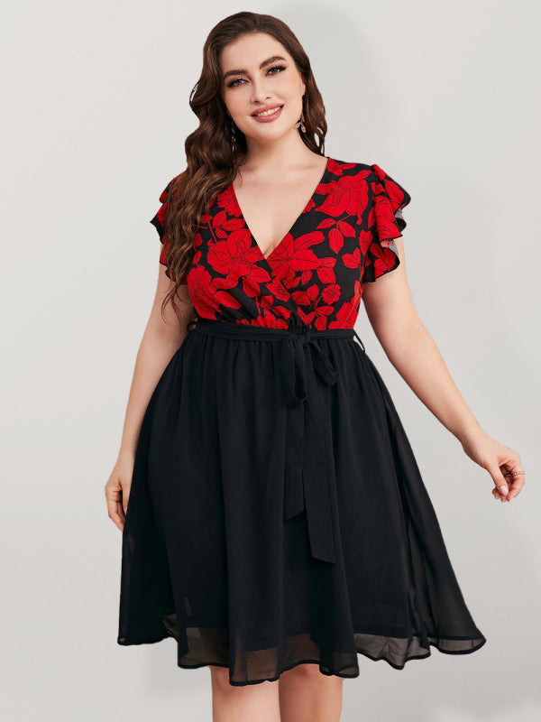 Floral Print Top & Black Skirt V Neck Dress