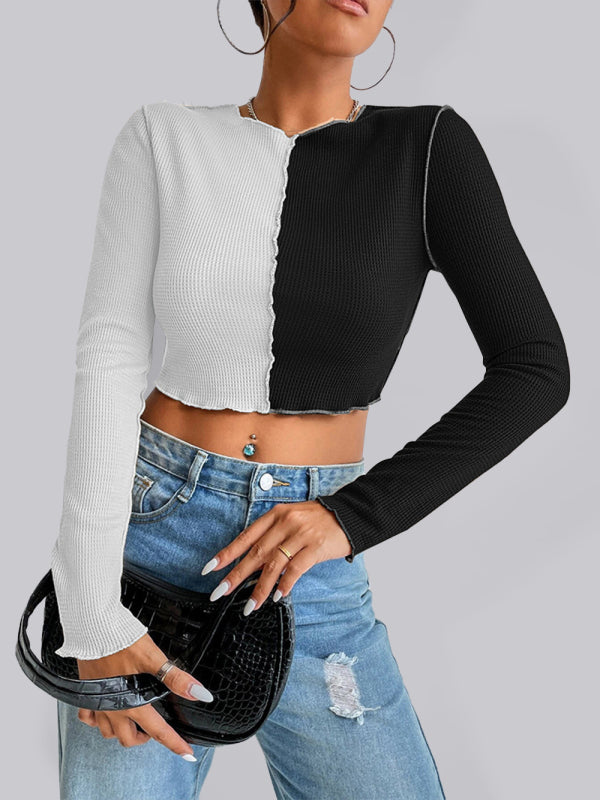 Women's Casual Colorblock Waffle Shorts Long Sleeve T-Shirt