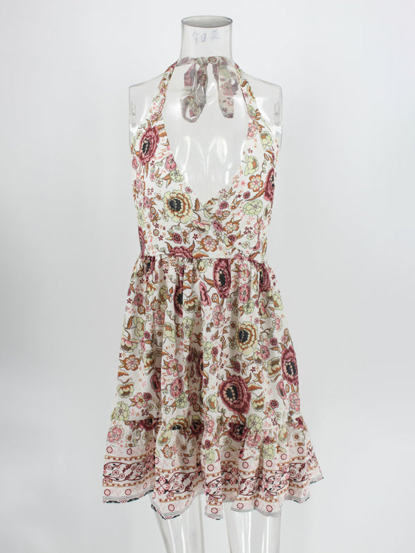 Women's Bohemian Print Tie Strap Deep V-neck Open Back Mini Dress