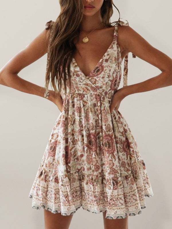 Women's Bohemian Print Tie Strap Deep V-neck Open Back Mini Dress