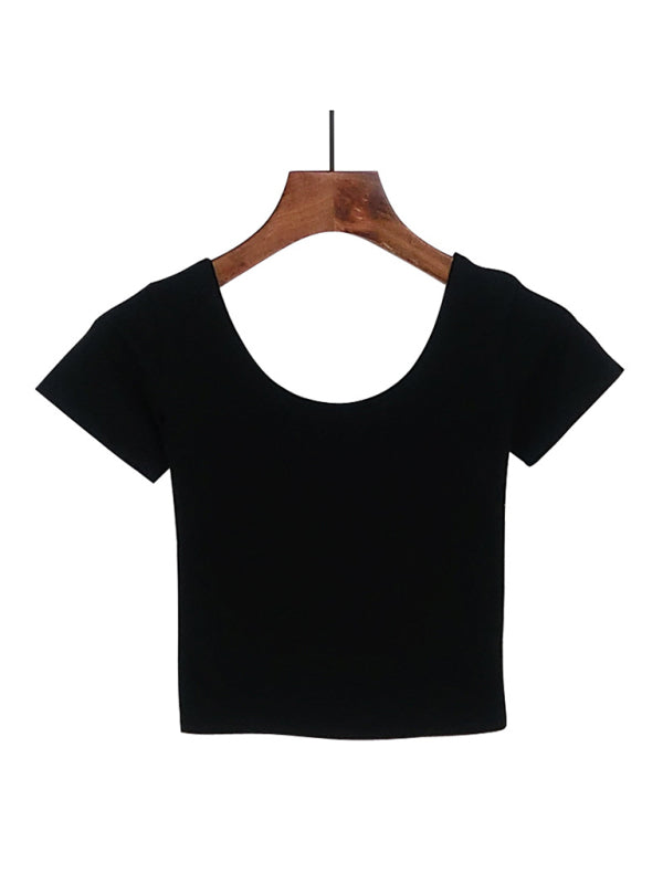 Cotton tight-fitting navel-cut short-sleeved crop top